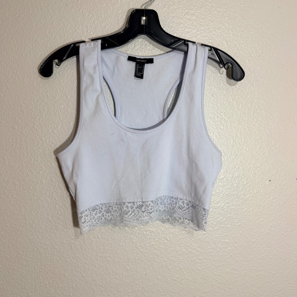 Forever 21 Lace Trim Crop Top Womens M Light Blue Coquette Balletcore Tank